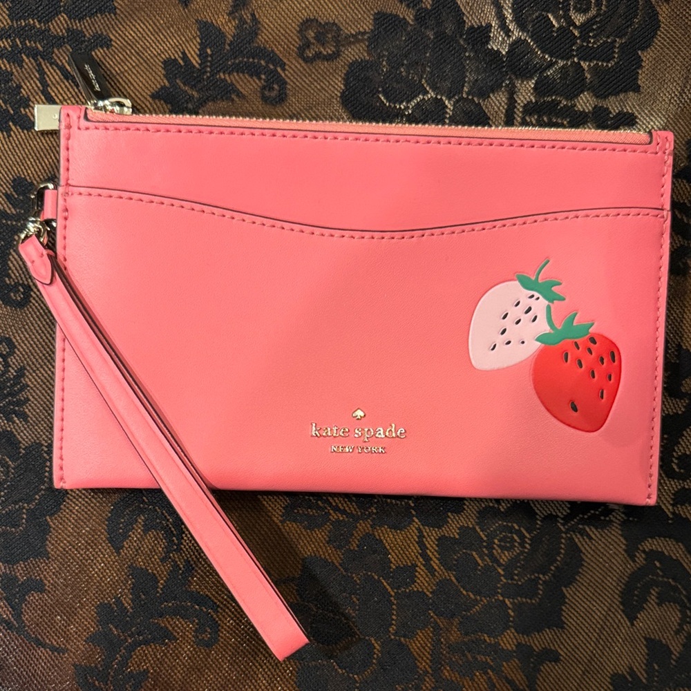 Kate Spade pink Wristlet with Strawberry Accents